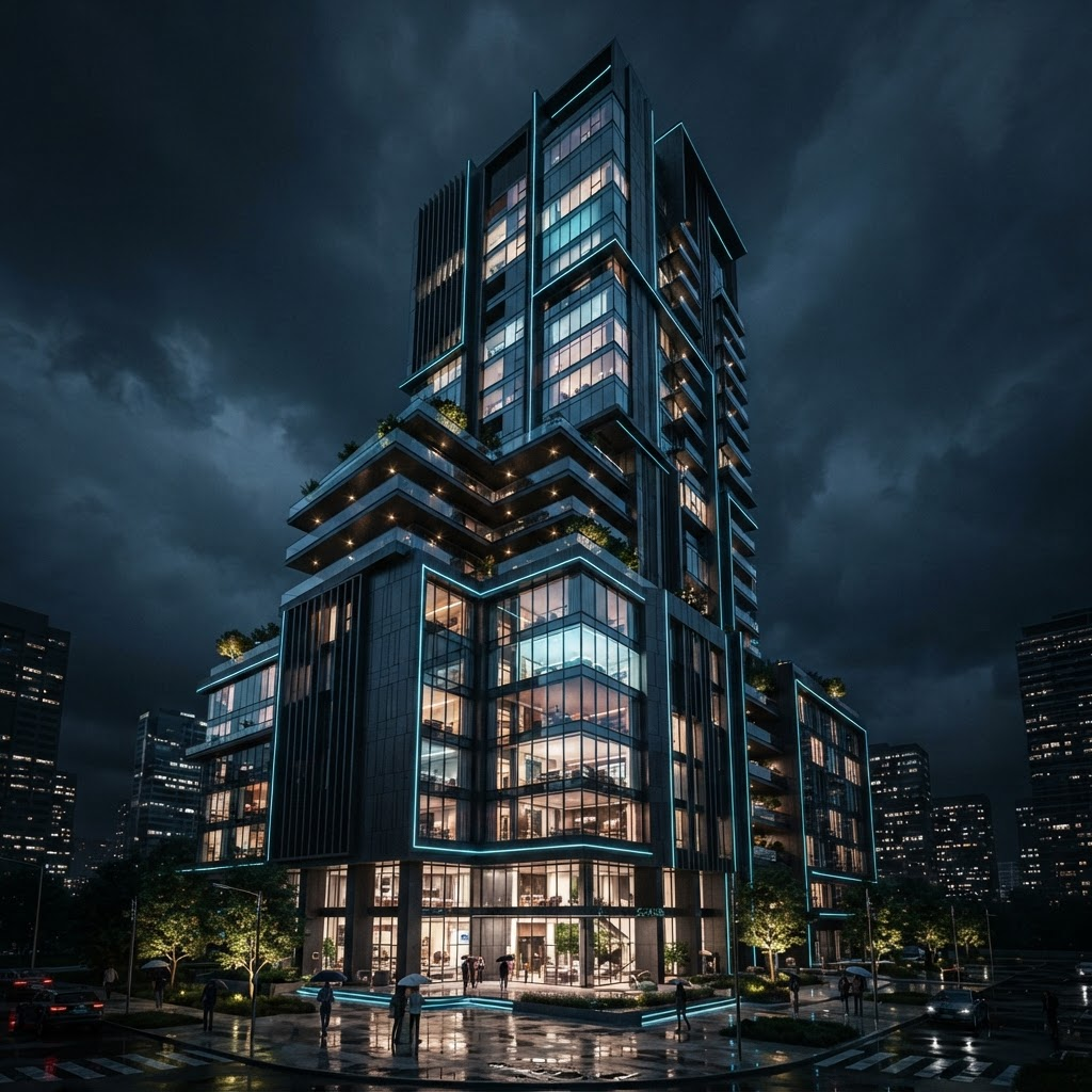 Futuristic modern building at dusk with dark cladding and glowing glass facade