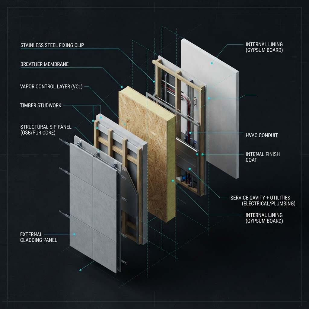 Technical exploded diagram of a building wall system
