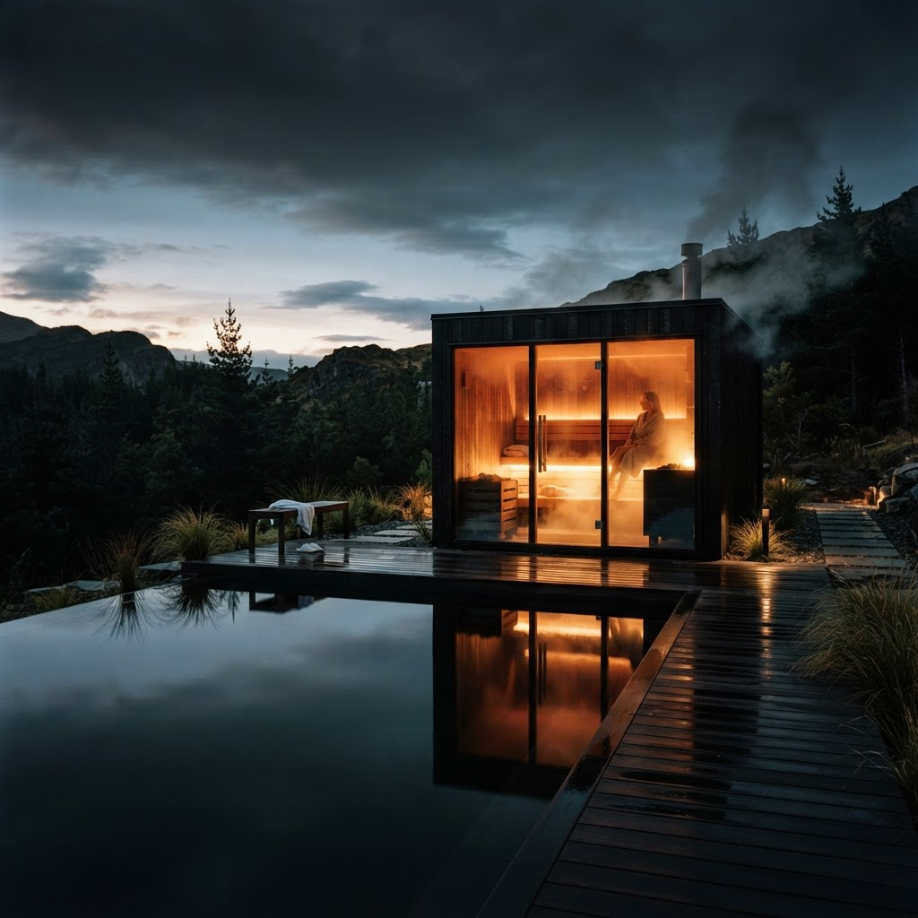 Premium outdoor sauna glowing at a luxury wellness retreat at dusk