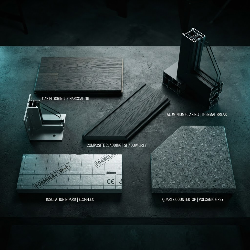 Curated array of premium building product samples on a dark surface